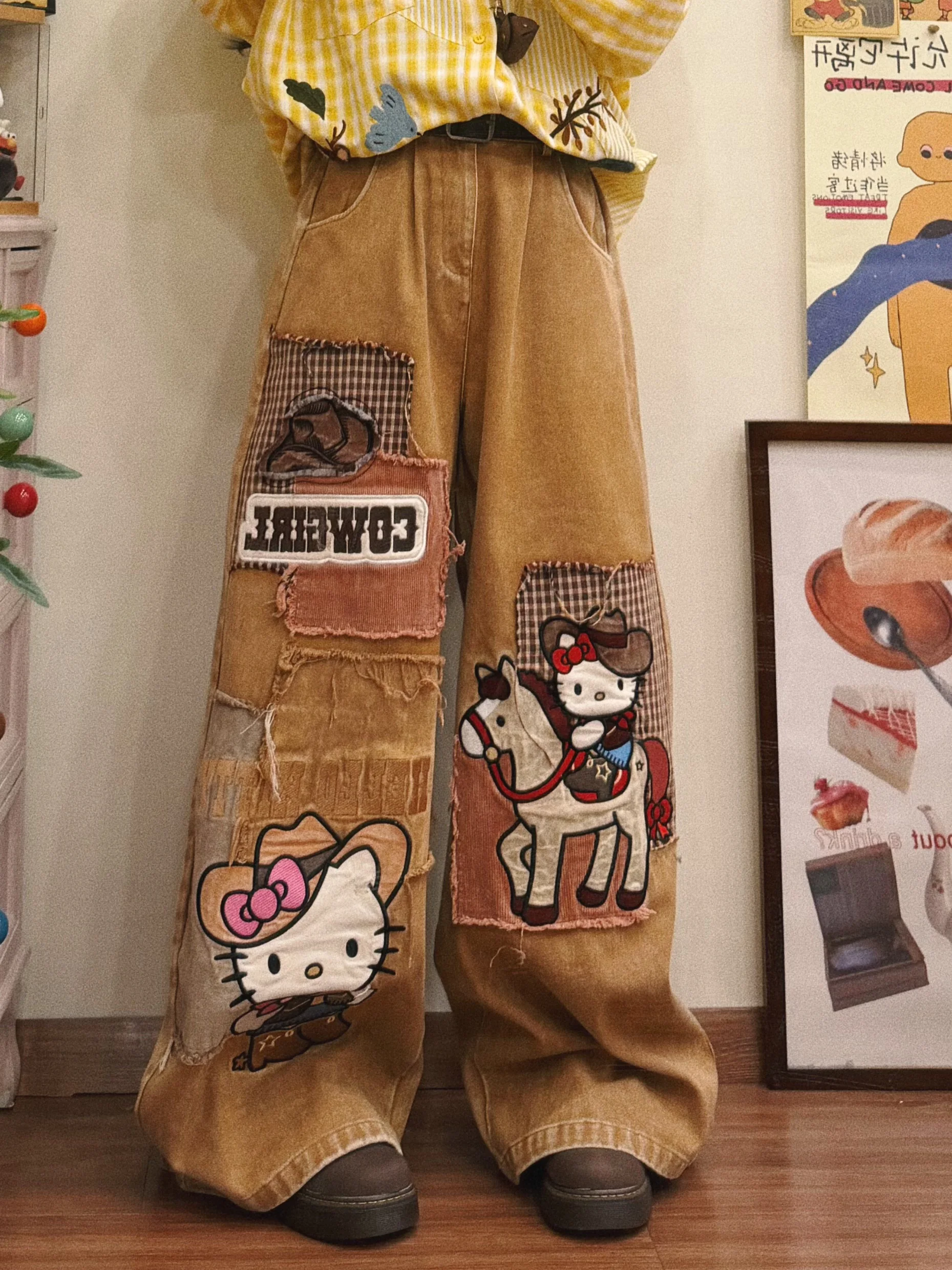 

Женские широкие брюки BIBULU в стиле ретро с мультяшными нашивками, свободные повседневные брюки с удобным дизайном талии