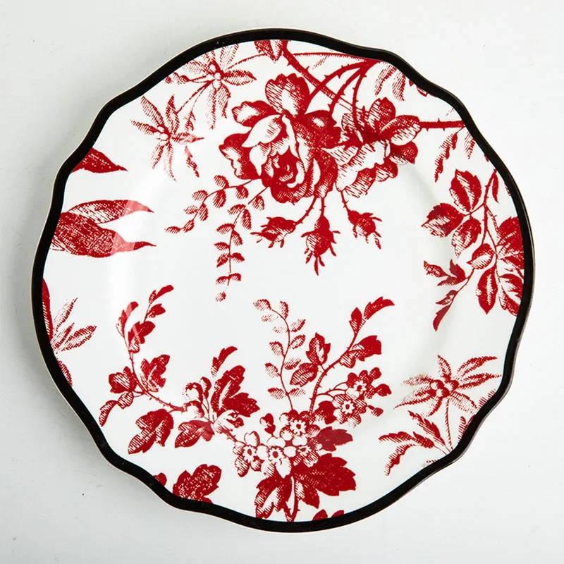 European Style Ceramic Plate Vintage Luxuriant Flower Printing Western Food Dinner Plates Afternoon Tea Dessert Dishes Tableware