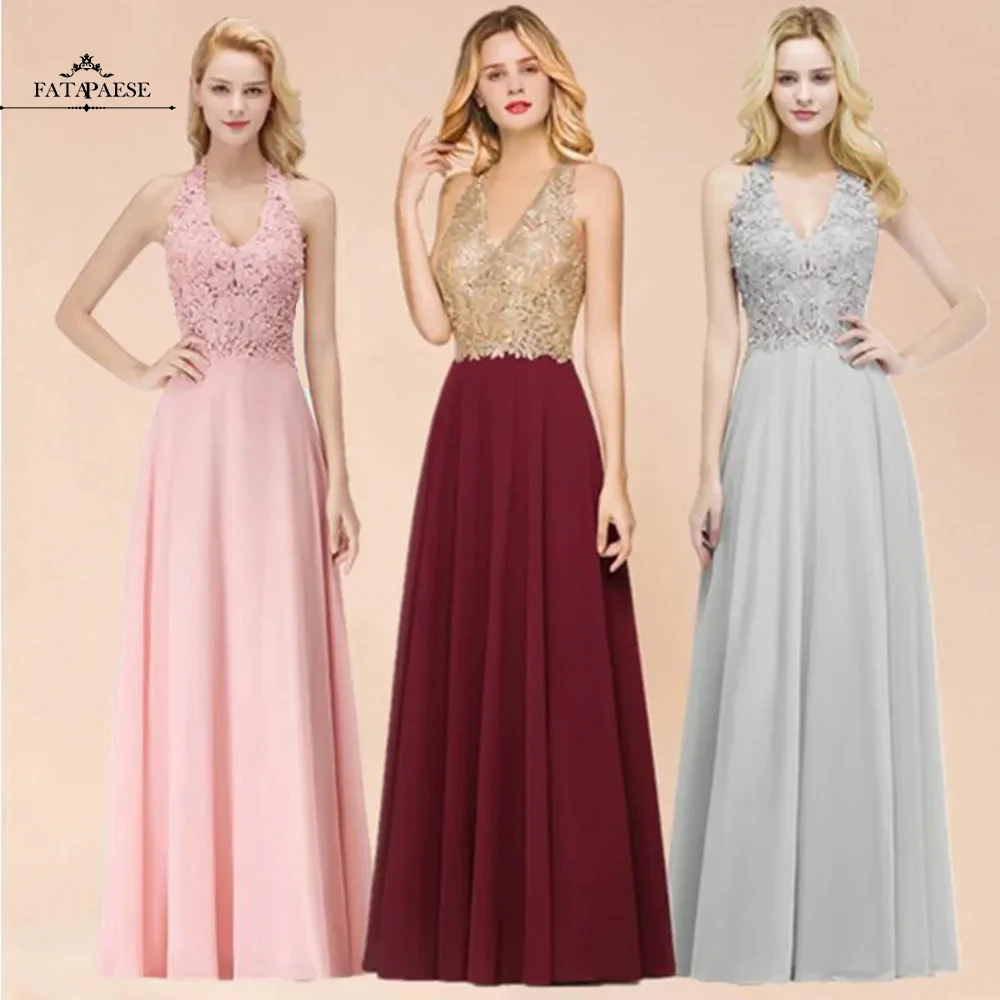 

FATAPAESE Halter Neckline Lace Pearls Bodice Prom Dresses Long Sexy Open Back Chiffon Formal Prom Gowns Vestido De Gala Jurken