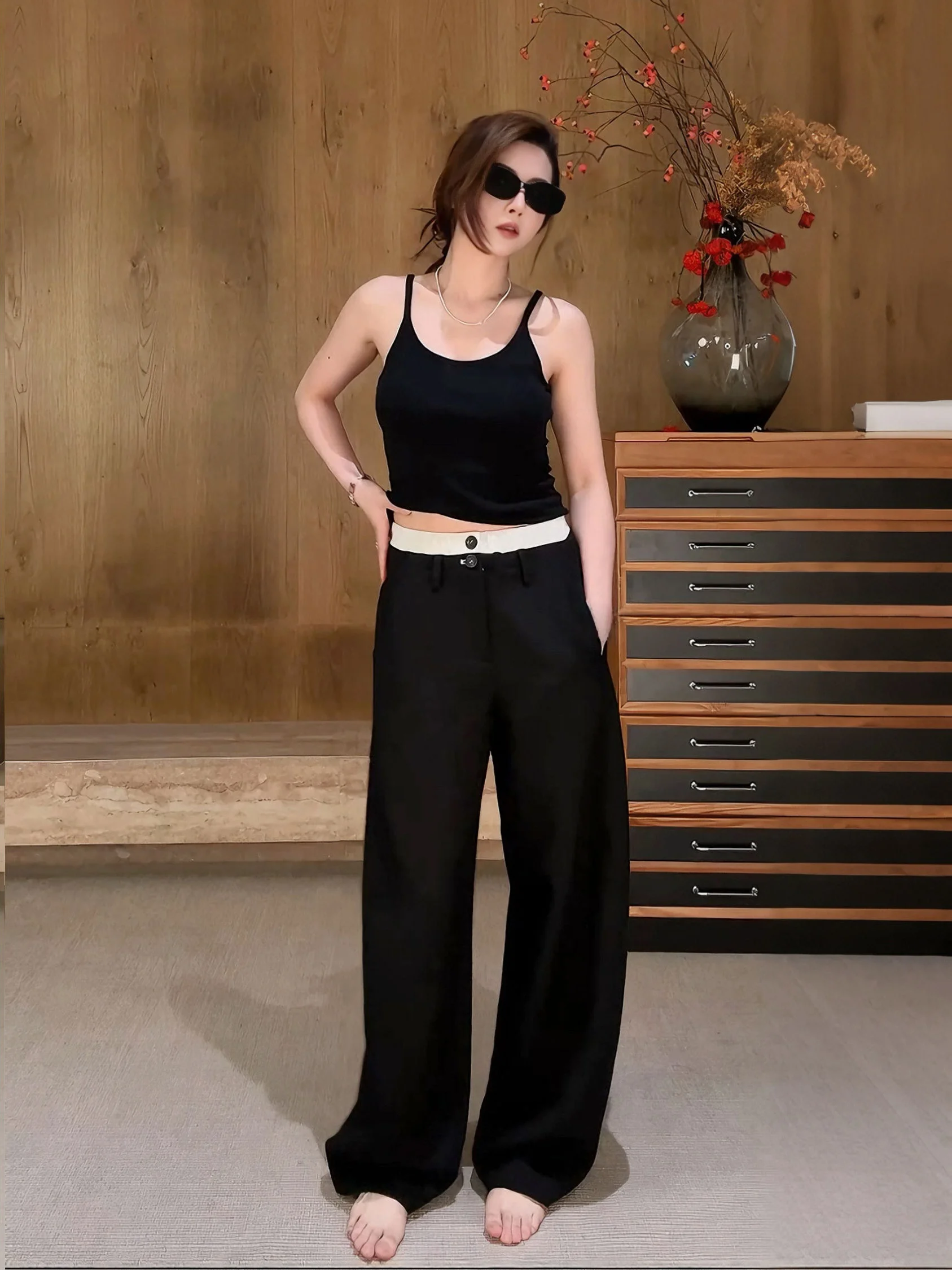 

Casual Straight Leg Pants Drapey Loose Waistband Color Block High Waist Long Trousers for Women by Yue Yue Bu Xi Yu