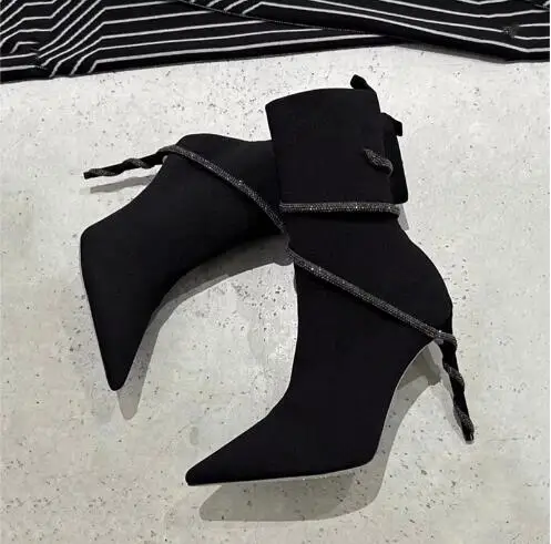 

Women Black Suede Bling Crystal Snake Chains Surround Pointed Toe Thin High Heel Ankle Boots Fashion Slip On Short Booties Shoes