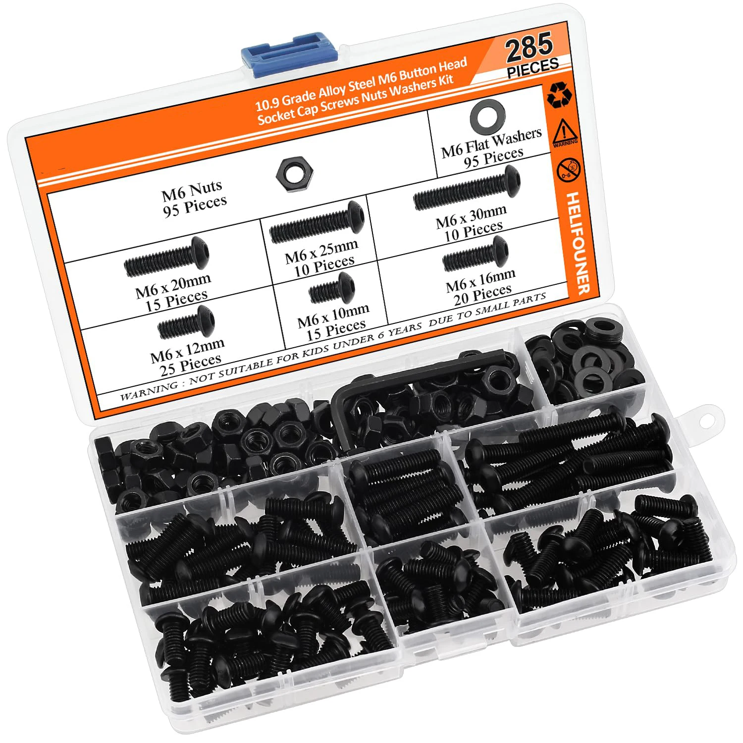 

285 pieces of M6 x 10-30 mm, button head internal hexagonal bolt, nut and washer set, 10.9 grade alloy steel, full thread, black
