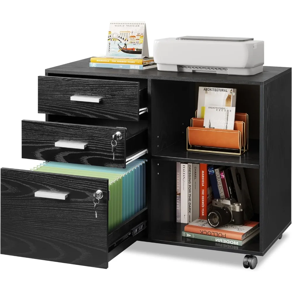 

3-Drawer Wood File Cabinet with Lock, Mobile Lateral Filing Cabinet, Printer Stand with Open Storage Shelves for Home Office, B
