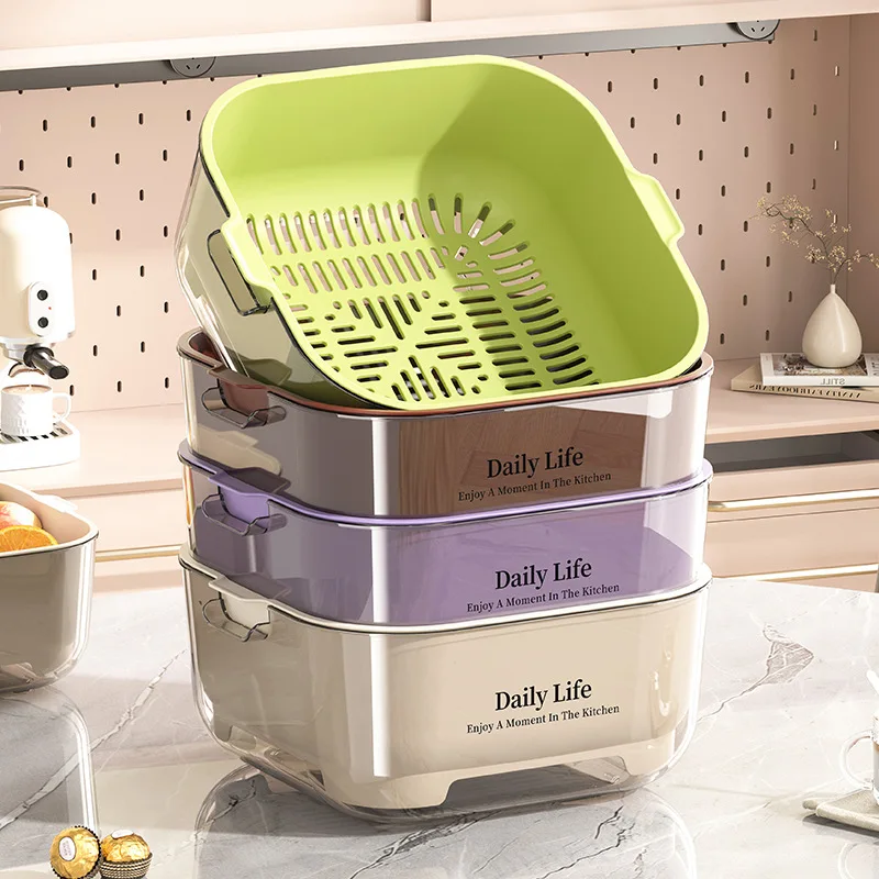 

Double-layer kitchen draining basket with high aesthetics, large capacity vegetable washing basin, fruit drying basket