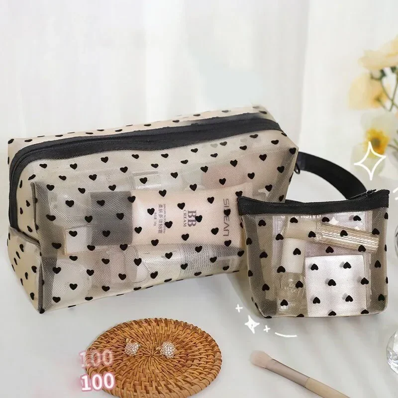 Tavel-Bolsa de almacenamiento de cosméticos para mujer, bolsa de maquillaje de malla transparente con forma de corazón, organizador de cepillos y