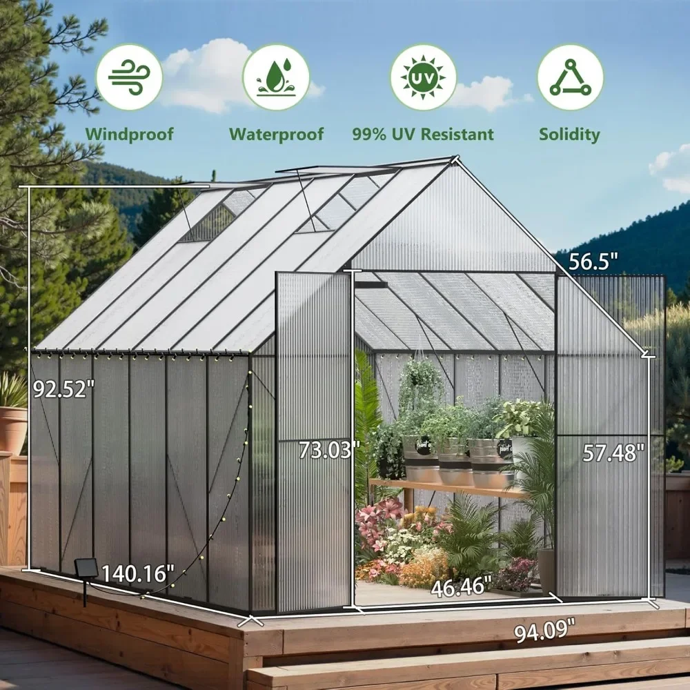 8x12 FT Greenhouse with Roof Vent, Large Walk-in Aluminum Hot House, Outdoor Heavy Duty Polycarbonate Greenhouse