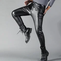 Thoshine Brand Men Leather Pants Skinny Fit Elastic Style Fashion PU Leather Trousers Motorcycle Pants Thin Streetwear