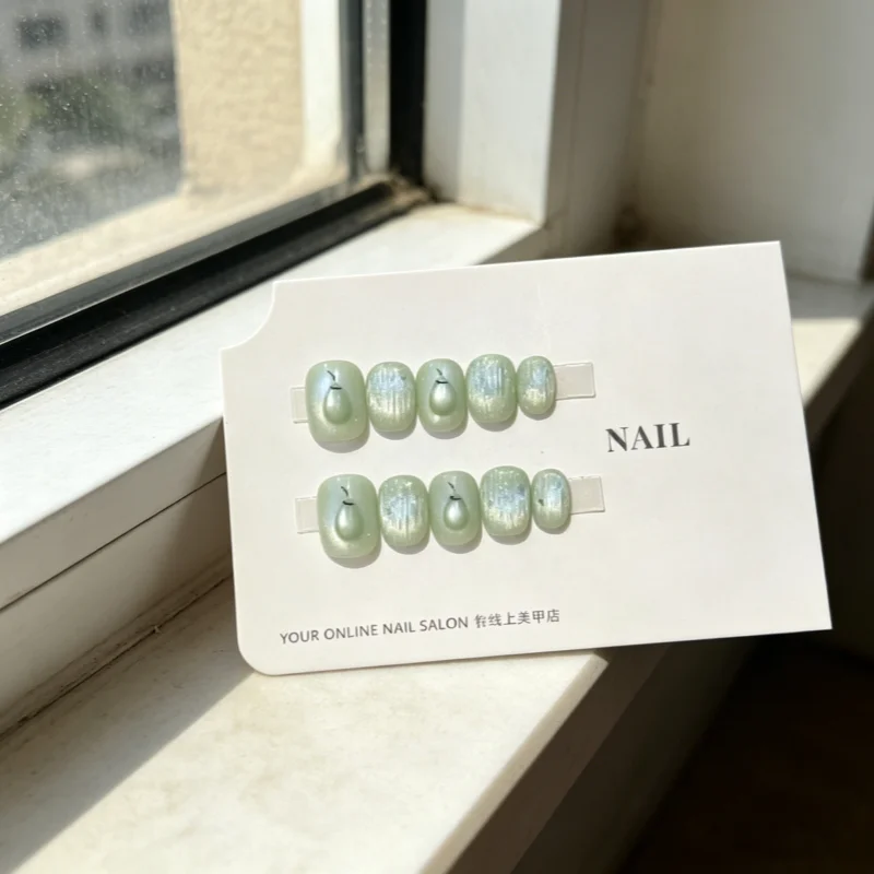 10Pcs Handmade Nails Summery Translucent Green Cat-Eye Pear-Shaped Press-On Nails—Perfect As A Gift for Girls and Friends