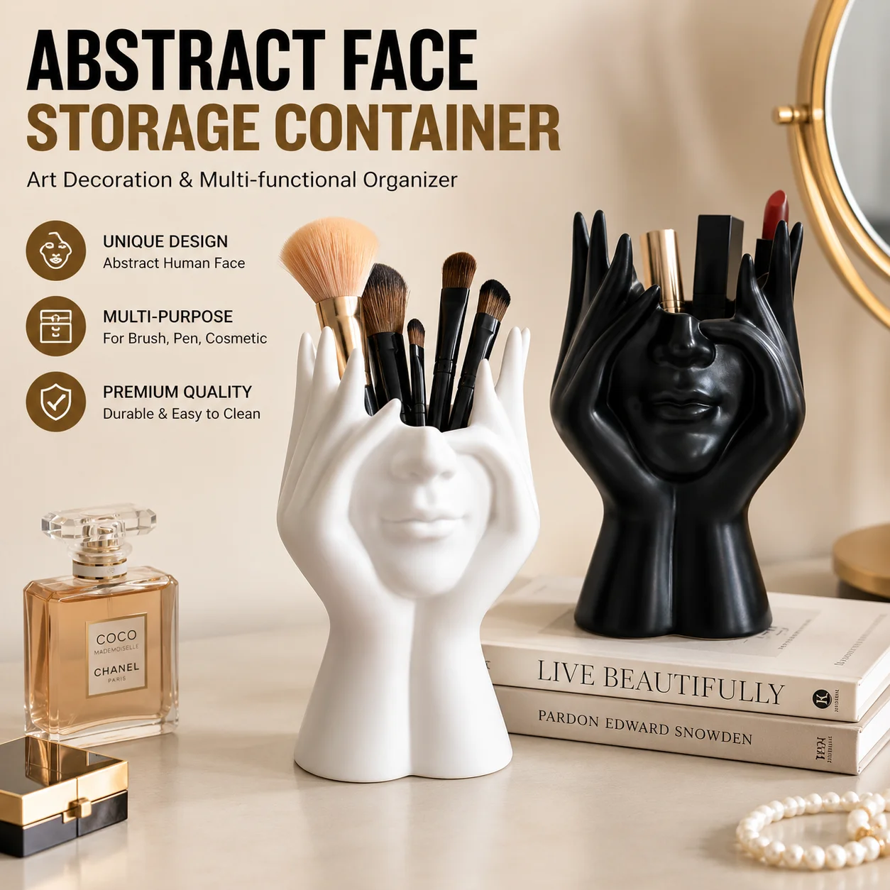 Stifthalter & Schreibtischdekoration Weiße Abstrakte Gesichtsskulptur mit Händen, Moderner Büro-Desktop-Organizer für Stifte, Make-up-Pinsel