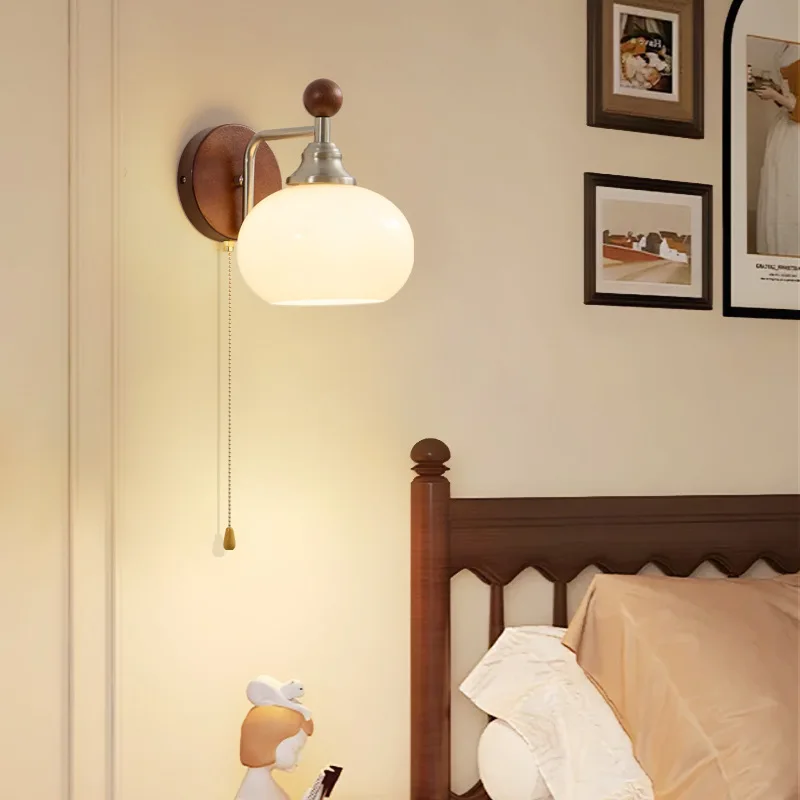 Nordic Minimalist Wall Lights Pull Chain Walnut Wood Base Living Room Bedroom Hallway Bathroom Sleek Home Decor Lighting Fixture