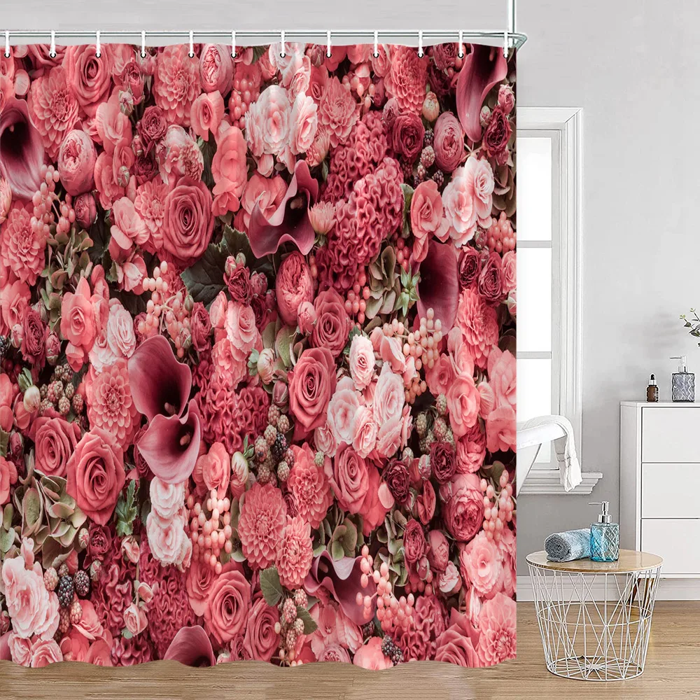 Red Roses Floral Shower Curtain Romantic Flower Plant Love Romance Bath Curtain Polyester Modern Bathroom Decoration with Hook