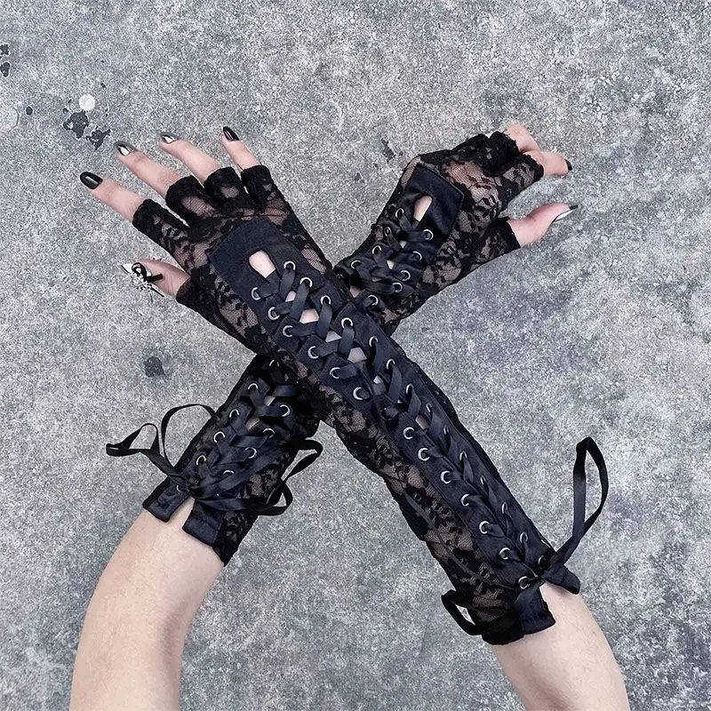 

Black String Ribbon Ties Up Dance Party Fingerless Fishnet Mesh Mittens Women Sexy Floral Lace Elbow Length Half-Finger Gloves