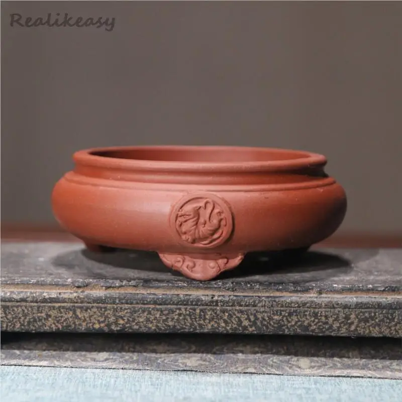 2023 Purple Sand Flower Pot Three legged Handmade Ceramic Bonsai Pot Yixing Desktop Classical Decoration Bonsai Pot With Holes