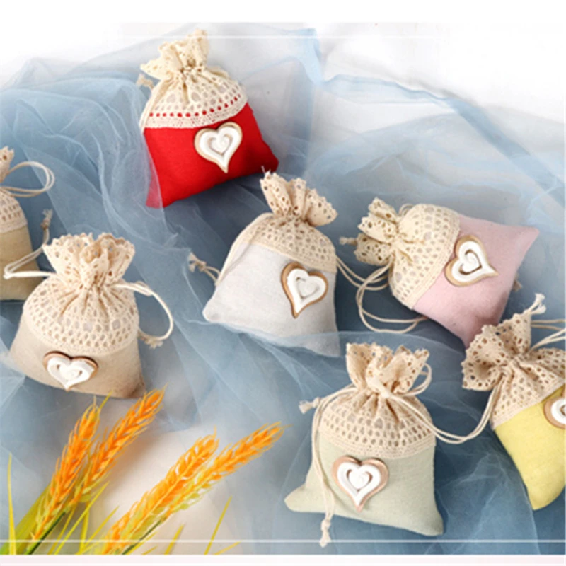 

20 Pieces/Lot Lace Linen Heart-shaped Wedding Candy Bag Solid Color Cotton Linen Gift Packaging Bag Protable Drawstring Pocket