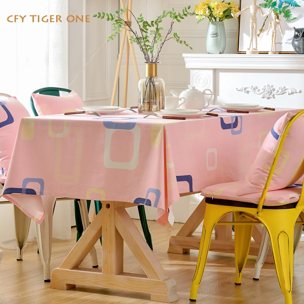 Cotton Linen Cute Cartoon Pink Geometry Tablecloth Antifouling Rectangular Tablecloth Table Cover Kitchen Decoration