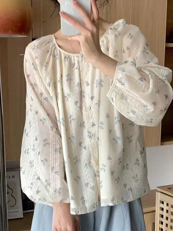 Blusa de Moda Premium para Mujer, Estilo Fresco y Floral de Primavera 2025, Manga Larga, Cuello Redondo Hoado, Sensación Du...