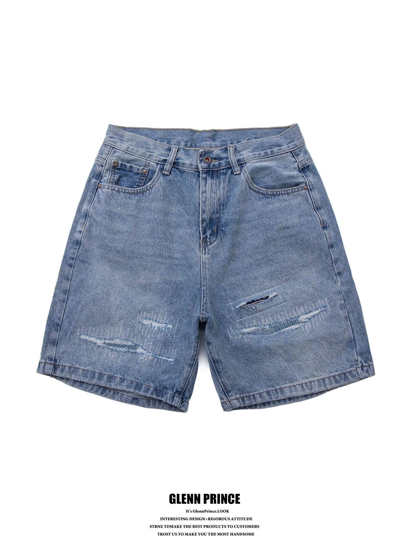 

GPstudio American Retro Patchwork Hole Denim Shorts Men's Cityboy Street Fashion Straight Five-Point Pants Cotton Polyester B...