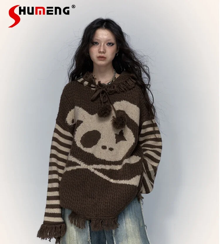 Punk Harajuku Aesthetics Y2k Hooded Knitted Pullover 2000s Hot Girl Skull Jacquard Streetwear Fashion Loose Hoodies Knitwear Top