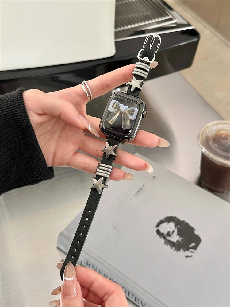Correa de cuero Y2k para Apple Watch, Correa de estrella Retro coreana para Apple Watch, Ultra 2, 49mm, 45, 44, 41, 40, 42, Serie 9, 8, 7, 6, SE, 5, 4