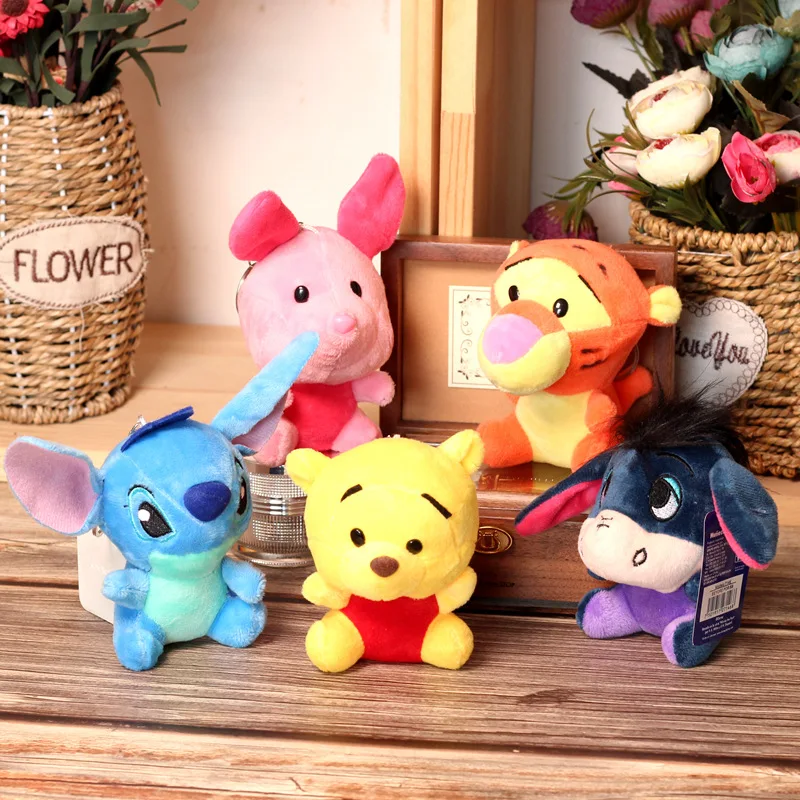 Disney Plush Keychain Stitch Pooh Bear Kawaii Decorative Pendants Anime Cartoon Soft Stuffed Toys for Kids Cute Plush Doll Gifts