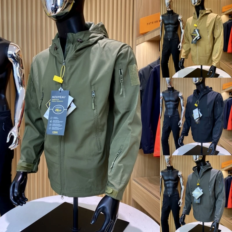 

Outdoor Tactical Soft ell Jaet Men's Spring New Windproof Waterproof Fce Lined Hooded Zipper Closure Youth Faion