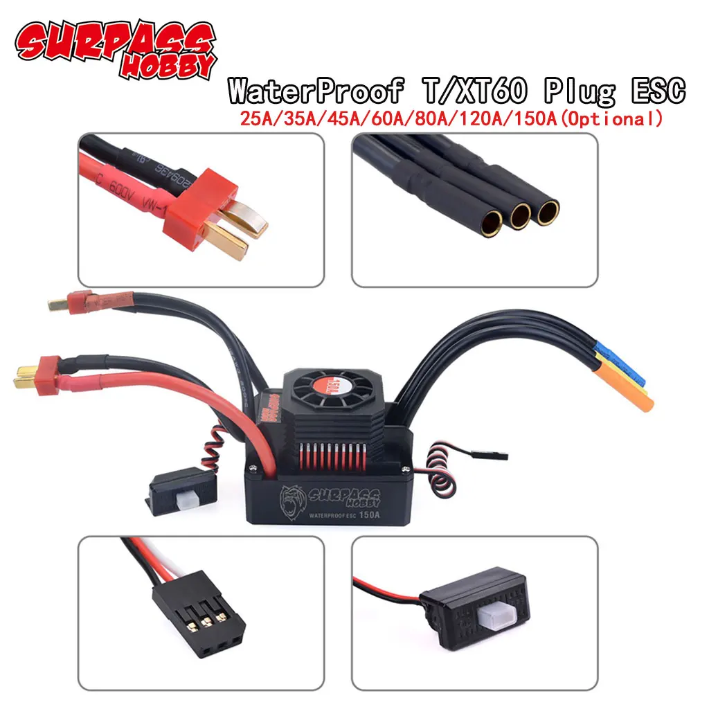 SURPASS HOBBY KK 150A 120A 80A 60A 45A 35A 25A Waterproof ESC T Plug XT60 2-6S for 1/8 1/10 1/12 1/14 1/16 RC Brushless Motor