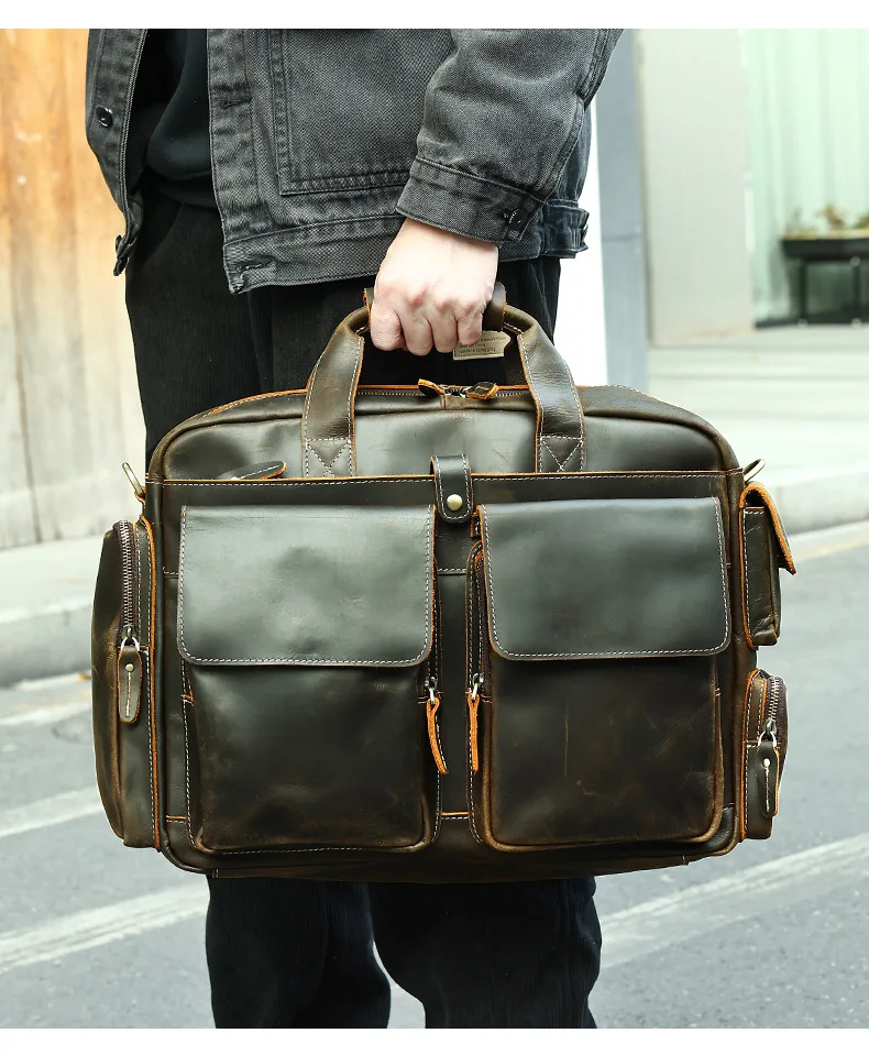 Highend A4 Vintage Black Coffee Genuino Cuoio Executive Valigetta da uomo Portafoglio 15.6 '' 14 '' Borsa per laptop Borse a tracolla