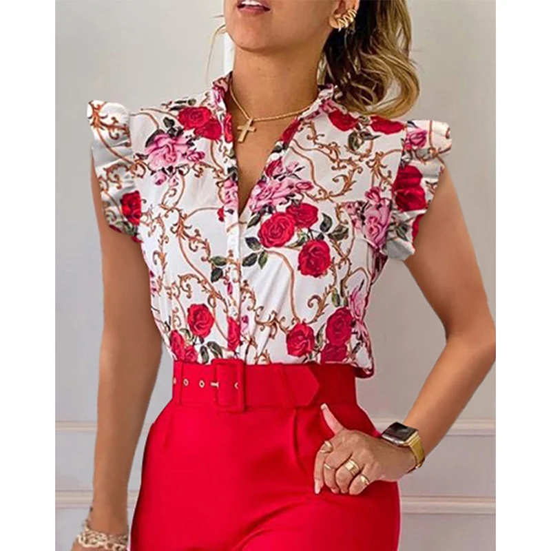 Printed V-neck Flying Sleeve Shirt And Blouses Elegant Female Blouses Sleeveless Women\'s Clothing Trend 2024 Holiday Top Summer