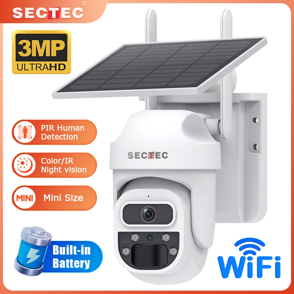 SECTEC 3MP Outdoor Solar Security Camera - Zoom WiFi Surveillance Camera, Waterproof Solar Outdoor CCTV Camera with Nigh