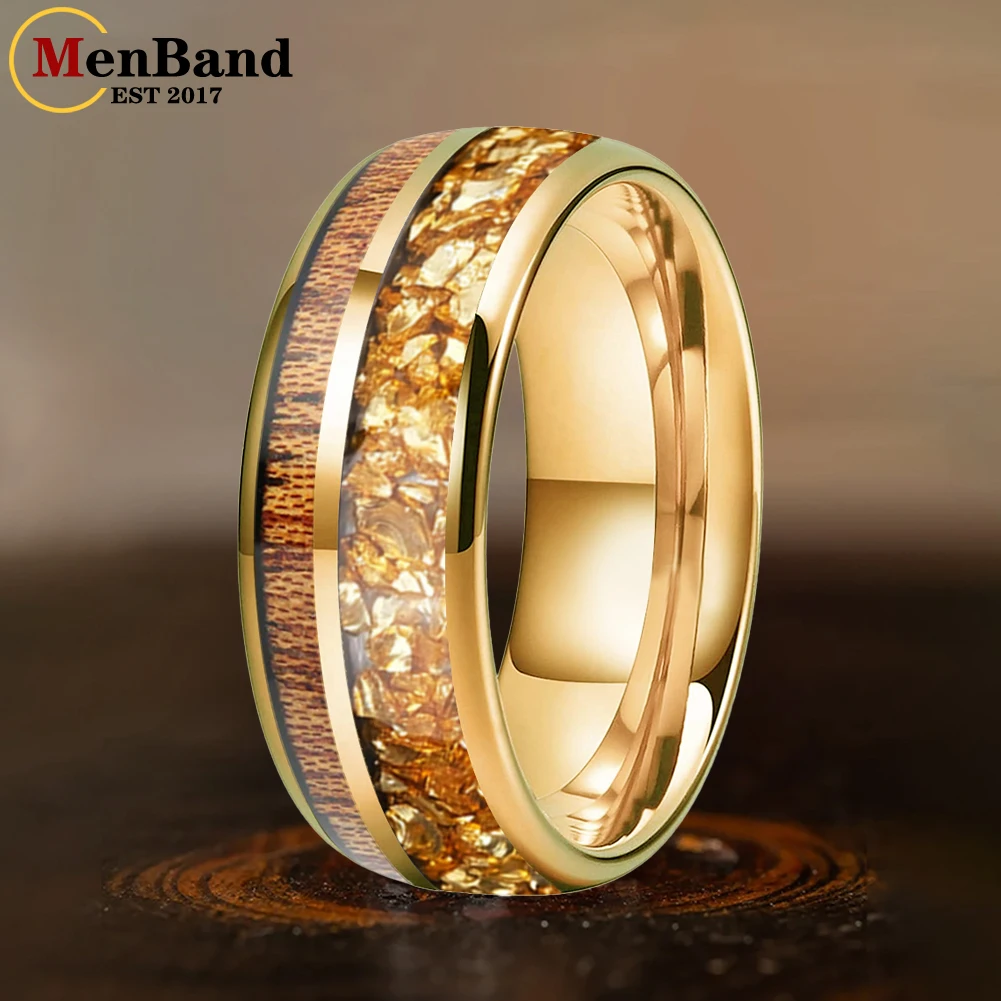 MenBand 8MM Men and Women Tungsten Wedding Band Ring Double Groove Dome Inlay Golden Crystal Stone and Red Wood Comfort Fit Size