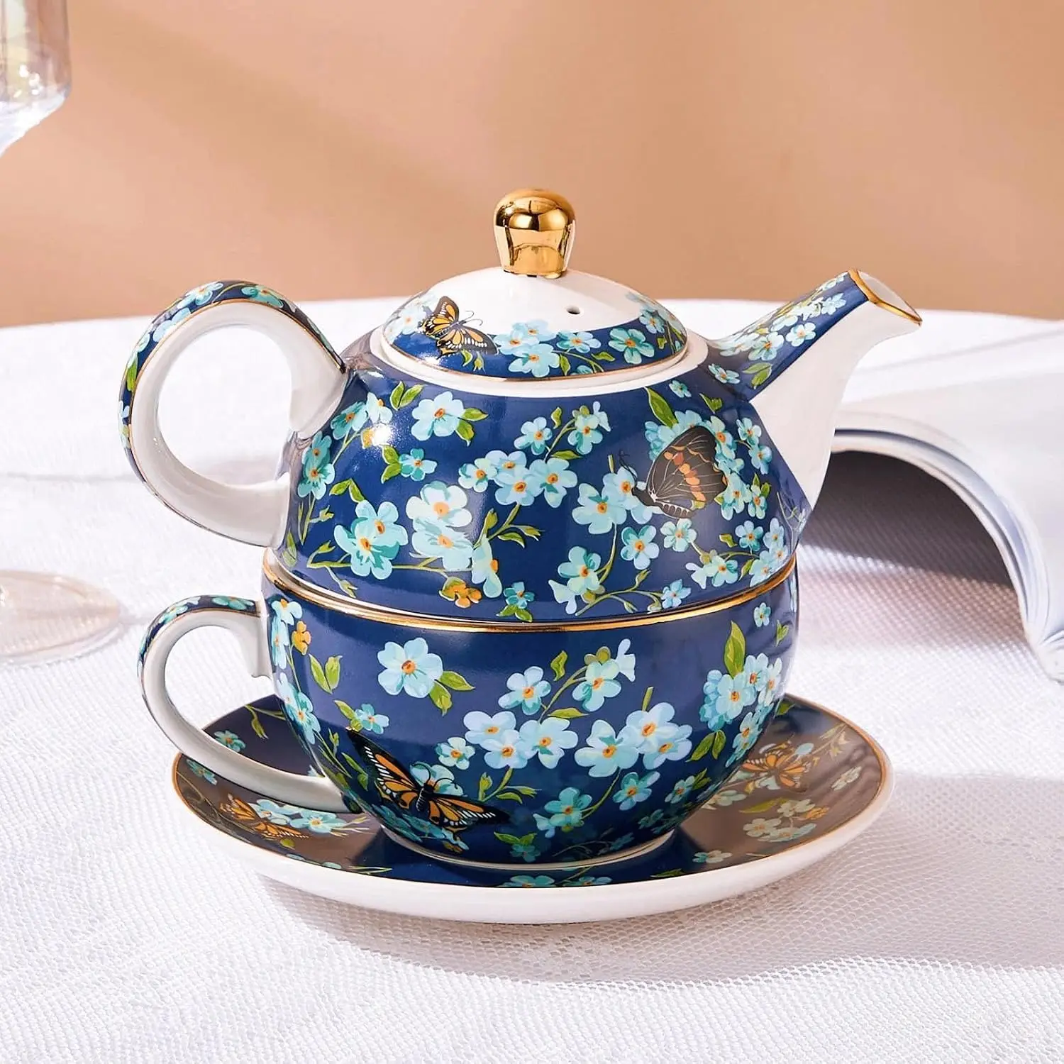 Tea for One Set, Teapot for One, Teapot and Cup Set, Pocelain Tea Set for One, Gift for Women, Blooming Flowers