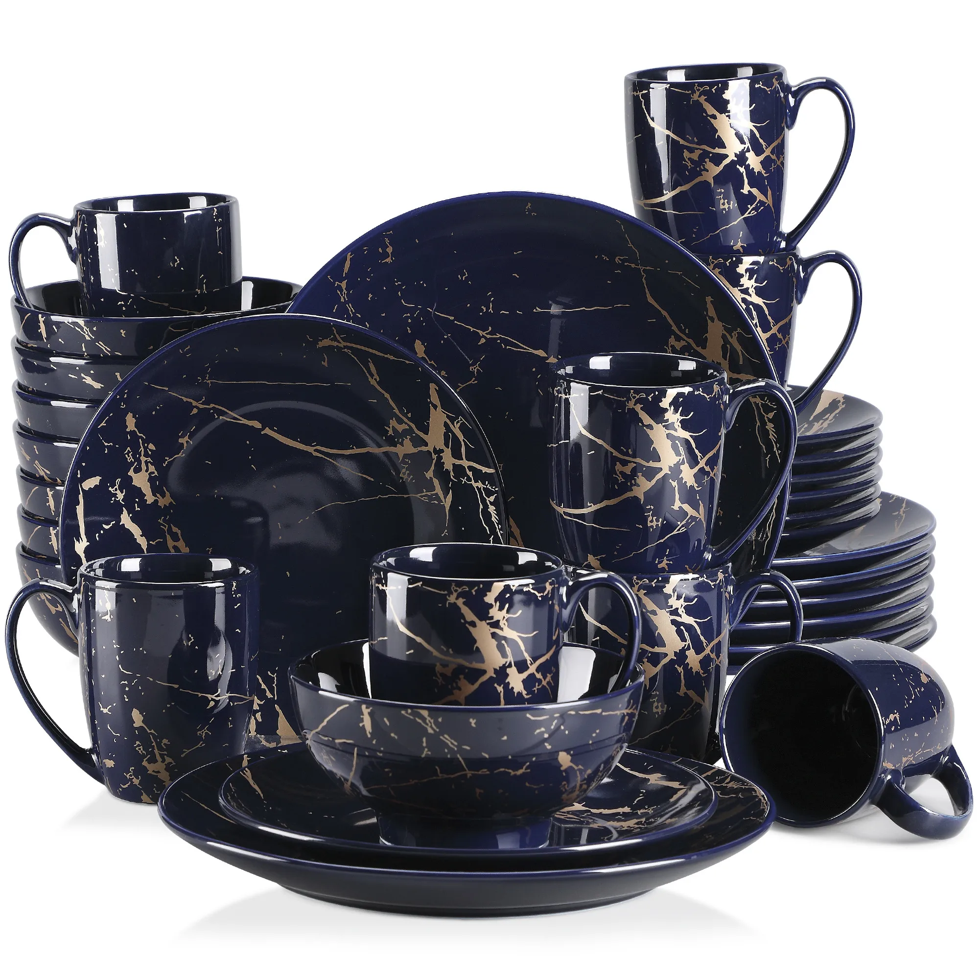 LOVECASA 16/32-delige zwart blauw porseleinen serviesset ontwerp van Gold Splash met dinerbord, taartbord, kommen, koffiekopjes