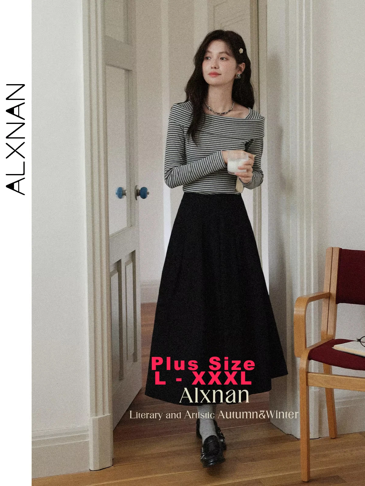 

ALXNAN Plue Size Striped One-shoulder T-shirt Women's Cotton Chic Slim-fit Long Sleeve T-shirts 2025 Autumn Ladies Tees D12529