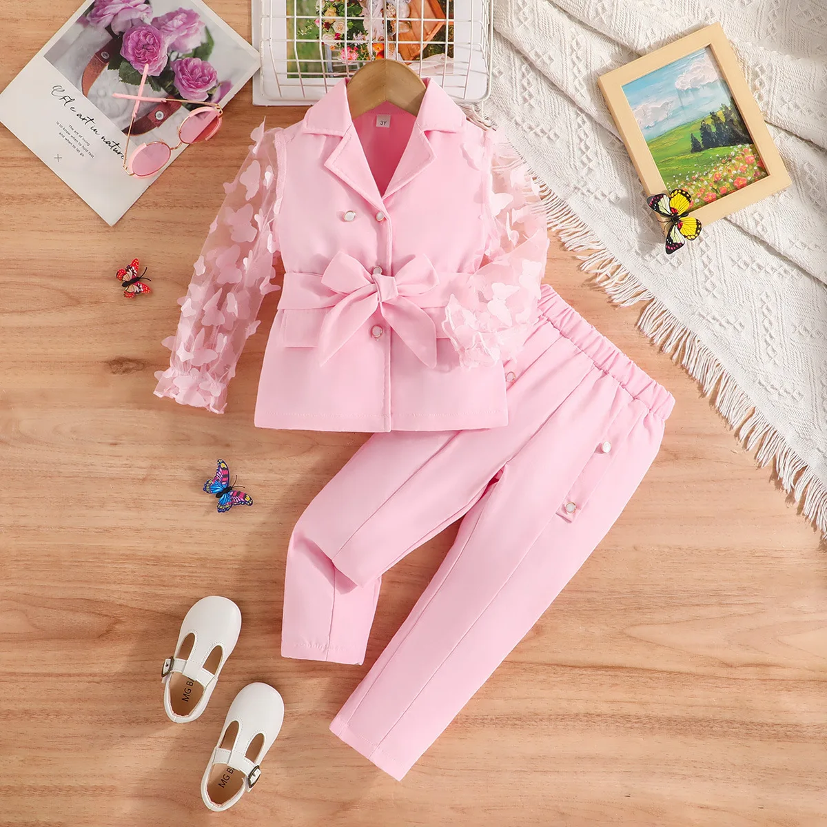 2026 Fall Winter New Girls Medium Small Long Sleeve Bow Knot Mesh Sleeve Blazer Long Pants Two Piece Set