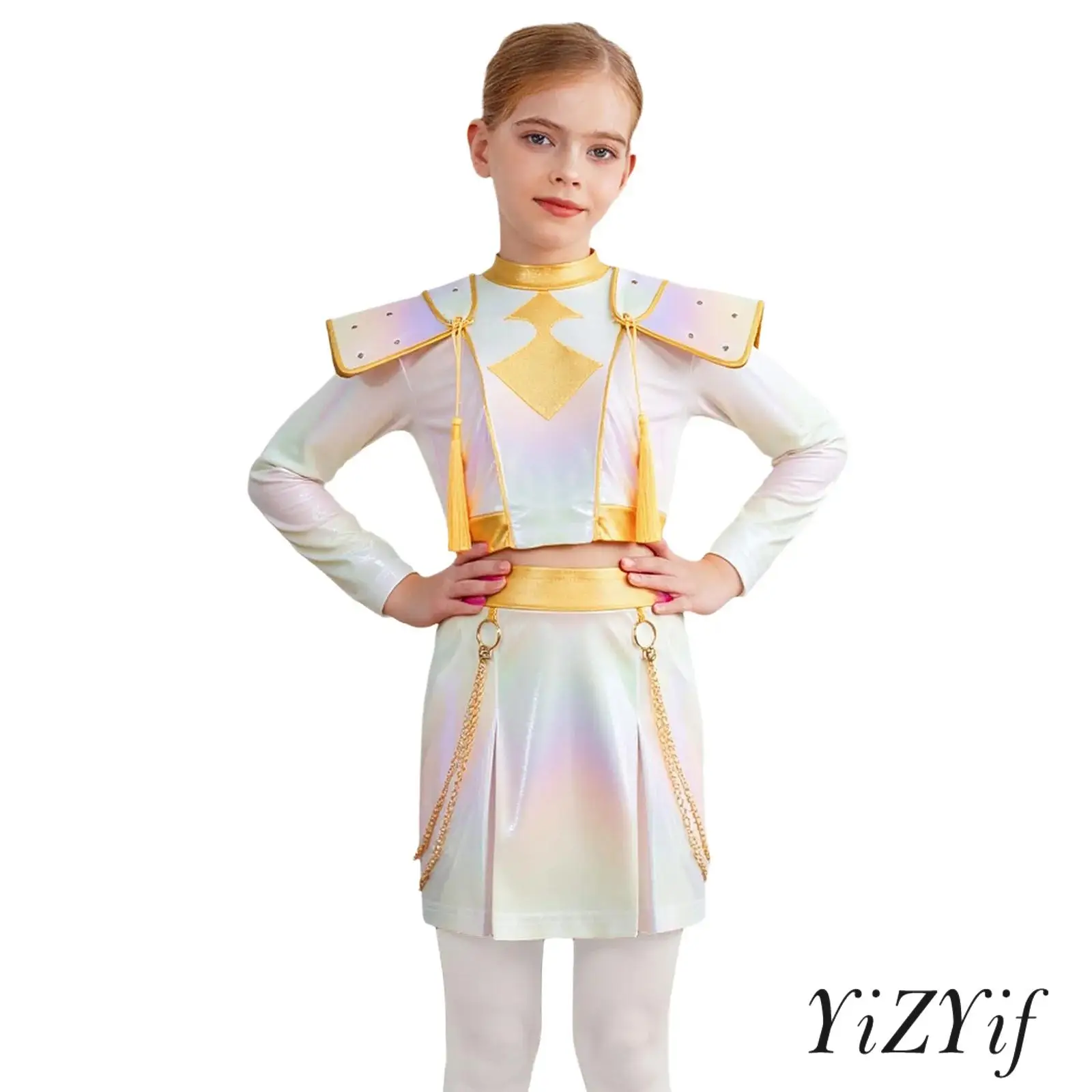 Traje de Cosplay de personaje de Anime para niñas, Top corto Invisible de manga larga con cuello simulado y falda con cadenas en la cintura