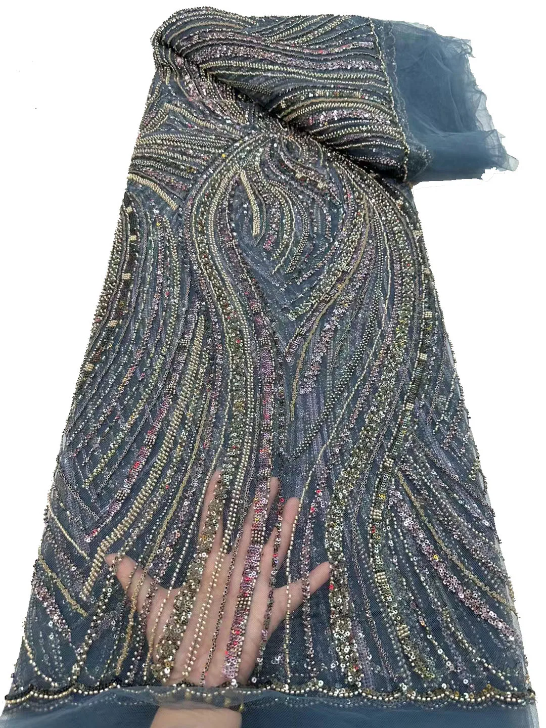 Exquisite striped sequin beads embroidered lace mesh, European style luxury fashion stage performance dress evening gown