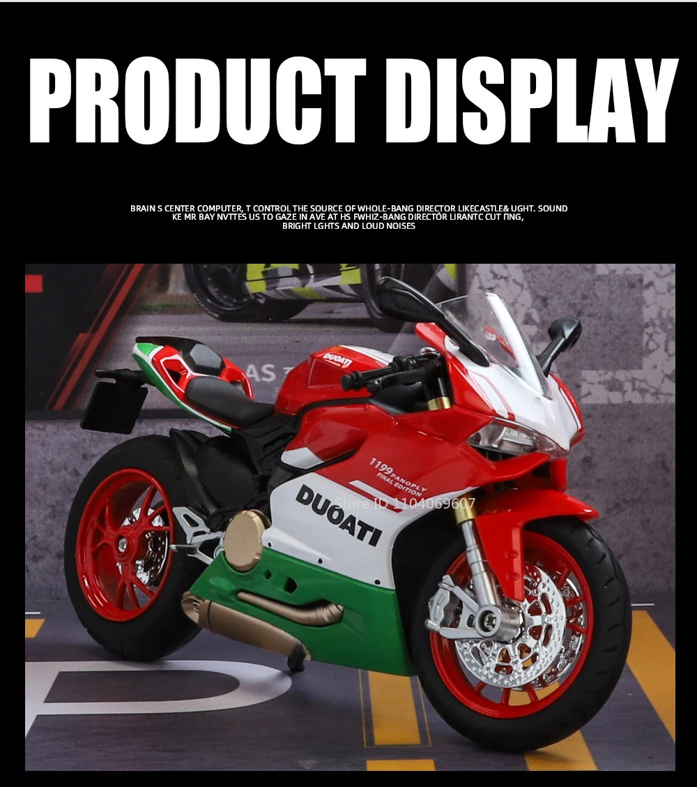 Maßstab 1:12 1199 Motorrad-Spielzeug-Modellautos, Legierung, Druckguss, Stoßdämpfung, Ton, Licht, Kettengestänge, Simulationsmotoren für Jungen – Detail 15
