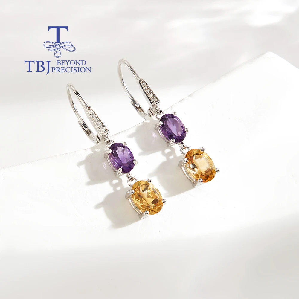 

Fashion trend February Birthstone Amethyst & Citrine Natural gemstone with 925 silver earrings women and girls fine jewelry gift