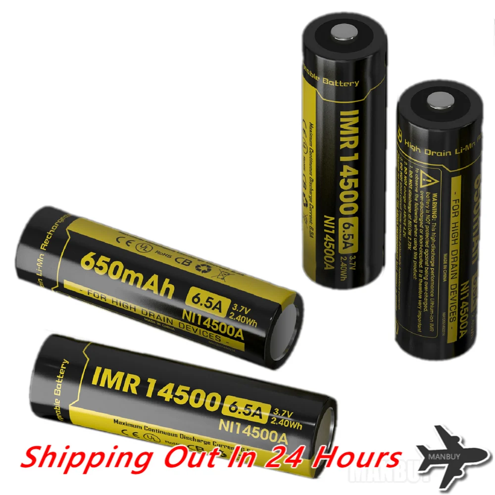 2024NITECORE IMR14500 NI14500A 650mAh 6.5A 3.7V 2.4Wh High Drain Li-Mn Rechargeable Battery 500 Times charge-discharge Cycles