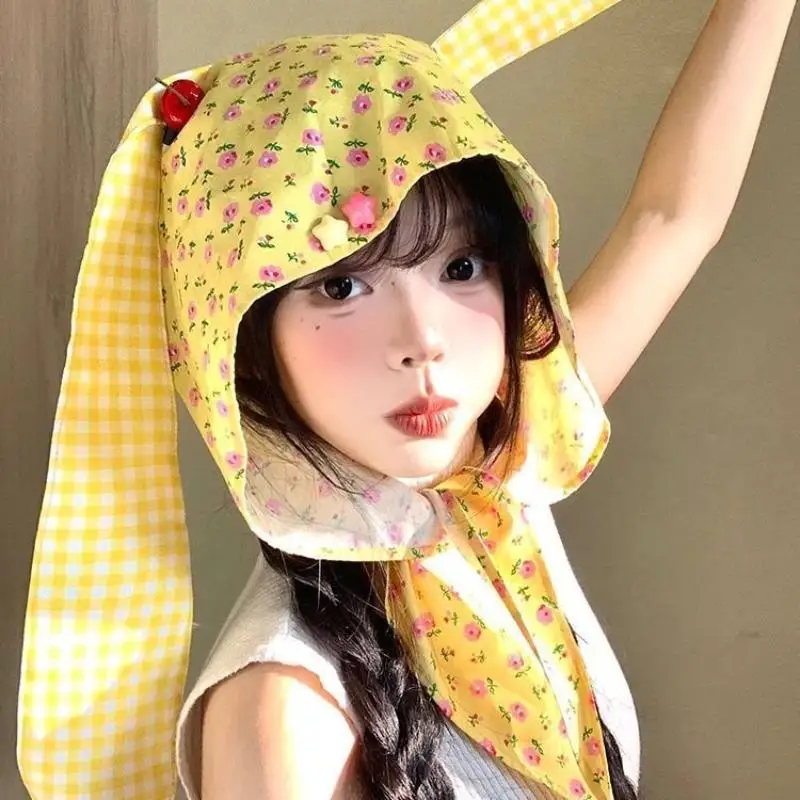 

Sweet Style Decoration Headscarf Hat Kawaii Yellow Beret Funny Y2k Retro Strap Headband Cute Cherry Fragrant Rabbit Ears Hats