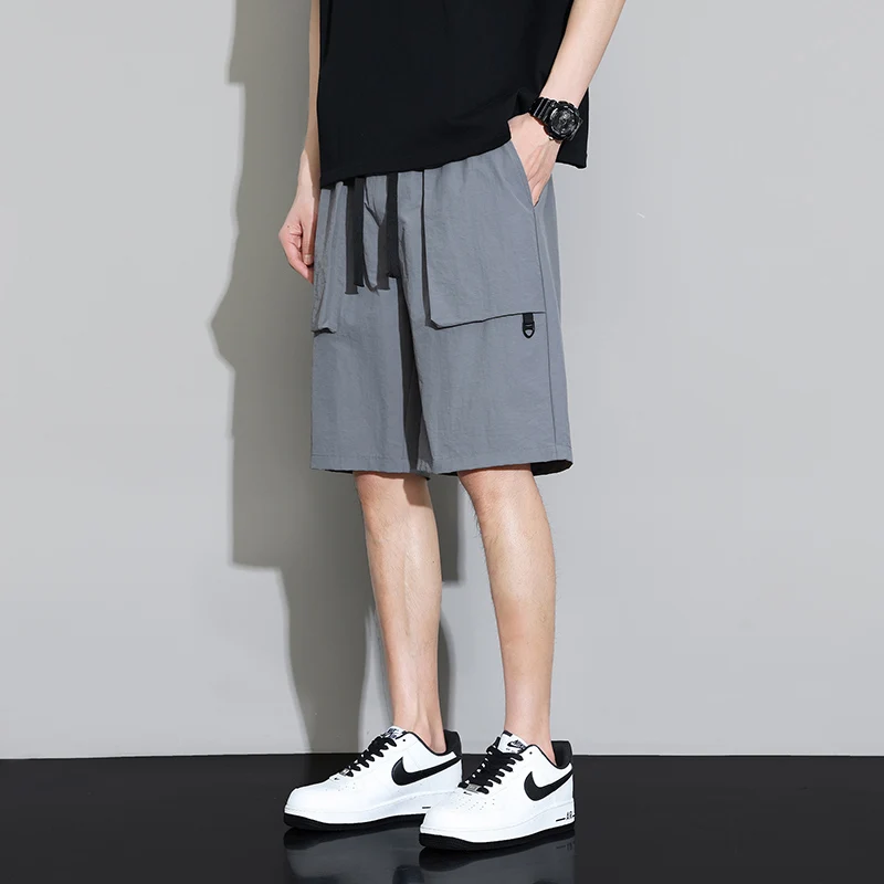 Men's Summer Solid Pockets High Waist Drawstring Casual Elastic Clothing Pencil Straight Cargo Sweatpants Knee Length Shorts