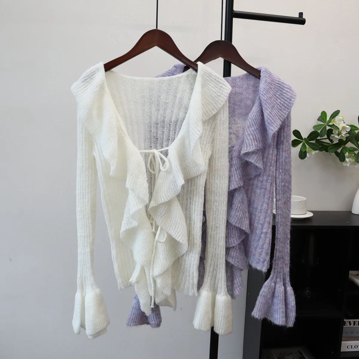 Knitted Cardigan Sweaters Women Solid Jumpers Lace Up Ruffled Turn Down Collar Flare Sleeves Loose Fit Thin Casual 2025 Autumn