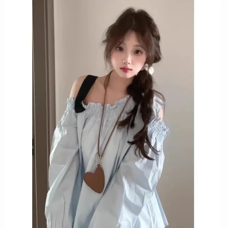 

Ruffle Folds Off Shoulder Blue Shirt Women Spring Summer Loose Asymmetry Long Sleeved Blouses Casual Versatile Tops New