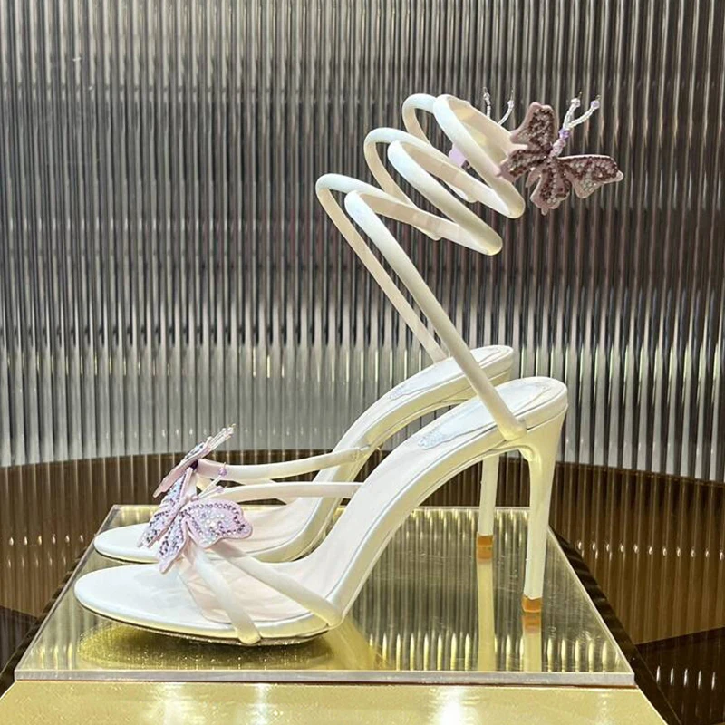 Sandalia Women's Ankles Snake Shaped Elastic Band Dress Shoes Satin Crystal Butterfly Decor Thin High Heels Sandals Summer Pumps