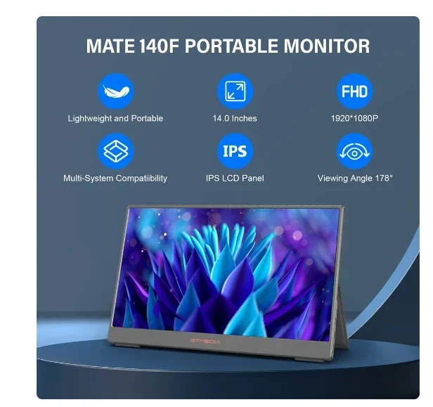 GTMEDIA 14 Inch Portable Monitor FHD 1080P IPS Laptop External Screen Gaming Computer Display for Ps4 Ps5 Switch Xbox PC Phone