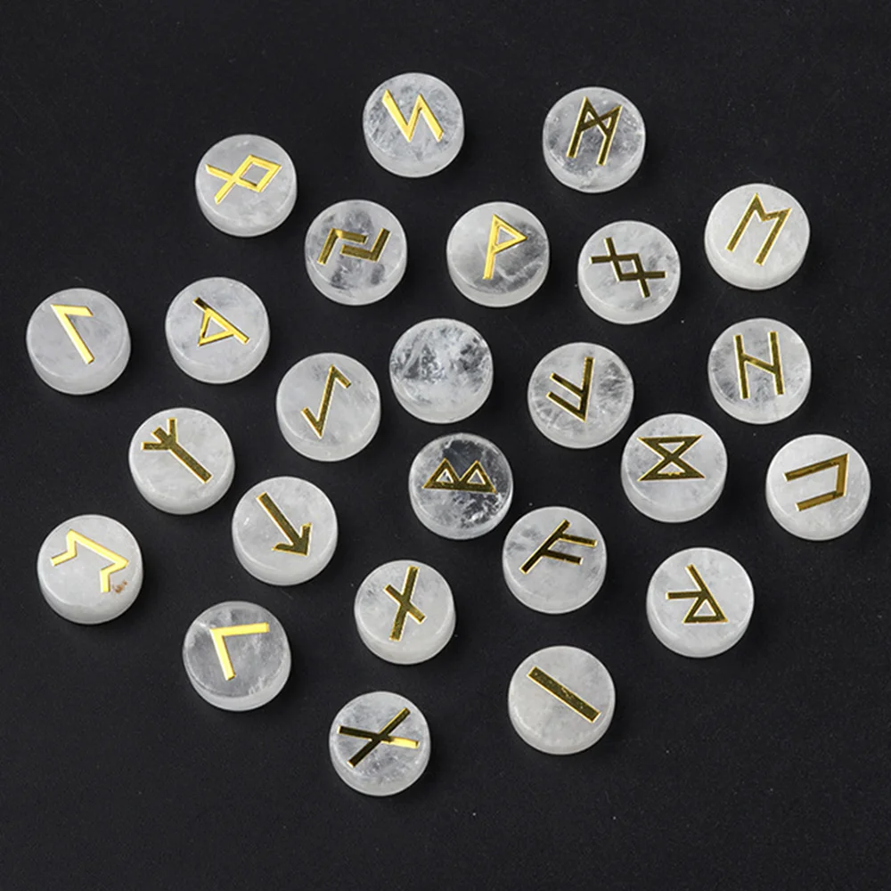 

25Pcs Round Rune Stones Set Elegant Golden Rune Engravings Glossy Appearance Elder Futhark Alphabet Symbol Clear Quartz Sets