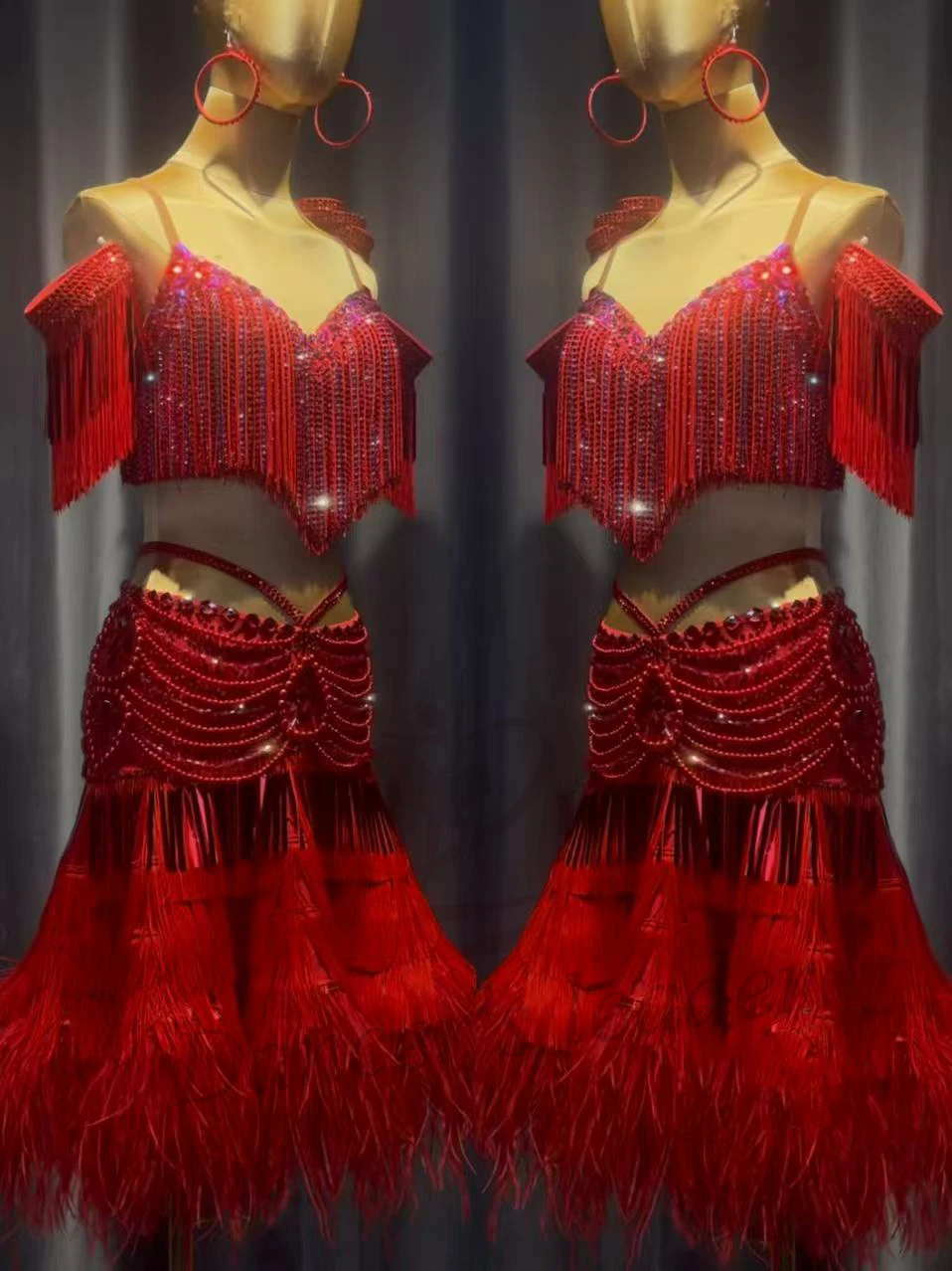 Latin Dancers, Adults, Children, High-End Customized Large Swing, Split Fluffy Skirt, Samba AB Stone Performance Dress