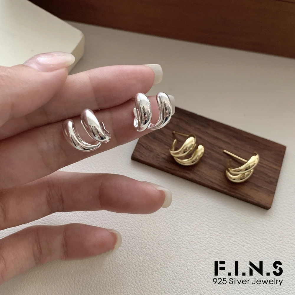 F.I.N.S S925 Sterling Silver Glossy Double-Layer C-Shaped Earrings Luxury Piercing Ear Studs Wedding Party Fine Jewelry Gifts