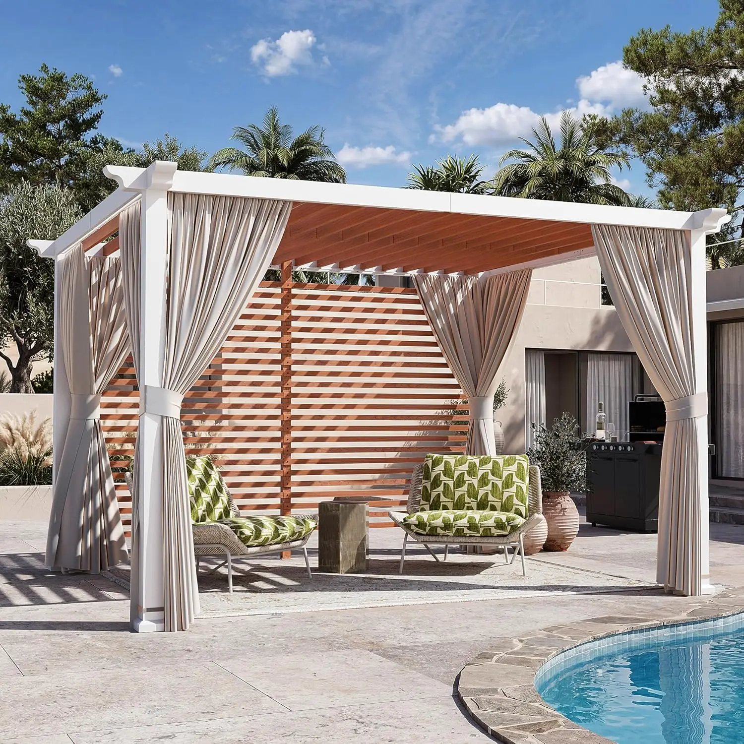 

Custom 10'x12' Modern Open Sky Pergola Cabana, Outdoor Shade Pergola with White Privacy Curtains and Wood Grain Back Design