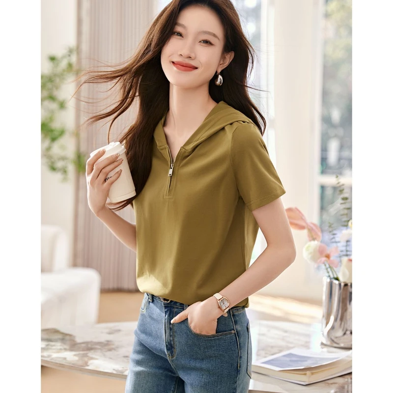 Hooded Short-sleeved Zipper Neckline Casual Age-reducing Simple and Comfortable T-shirt for Women